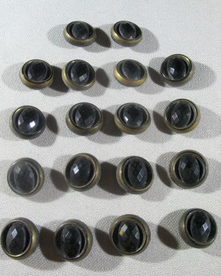 Set Of 18 Antique Faceted Black Glass Brass Painted Shank Buttons photo