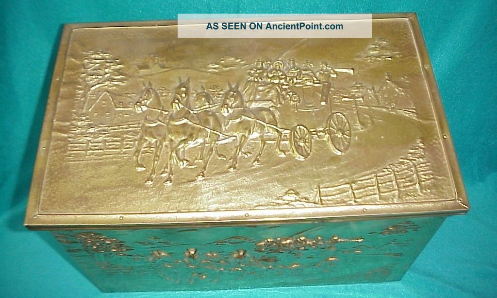 Antique Brass Coal 17 ¼” Tinder Scuttle Box Western Stagecoach Firewood Chest Metalware photo