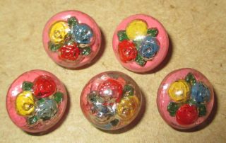 Set Of 5 Antique Vintage Buttons - 2 - Piece Czech Glass Paperweight Flowers photo