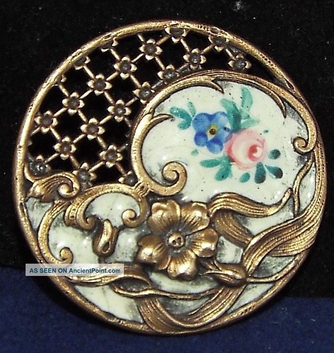 Large Antique Emaux Peints Enamel Button Rare Pierced And Stamped Brass Buttons photo