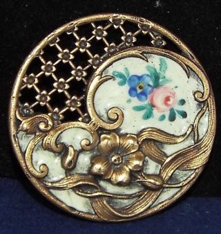 Large Antique Emaux Peints Enamel Button Rare Pierced And Stamped Brass photo