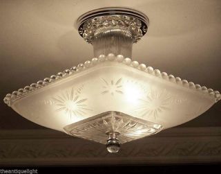 Vintage 30s Hobnail Art Deco Ceiling Light Chandelier Glass Lamp 1 Of 2 photo