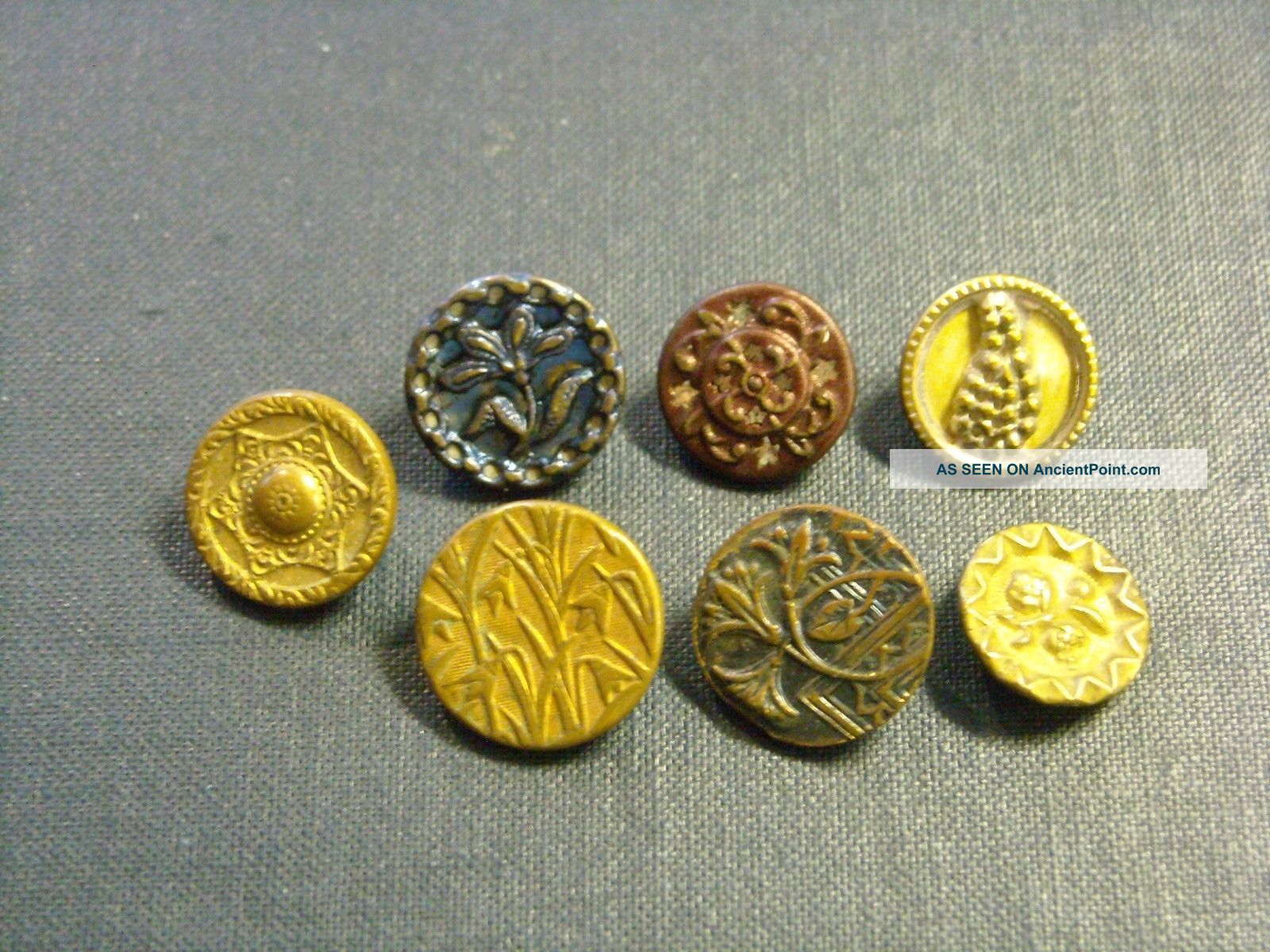 7 Antique Brass Victorian Buttons Blue Tint Mirror Back Paris Back Buttons photo