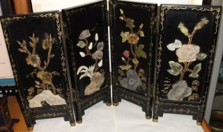 Chinese Hand Painted Carved Floral Jade Lacquer Screen photo