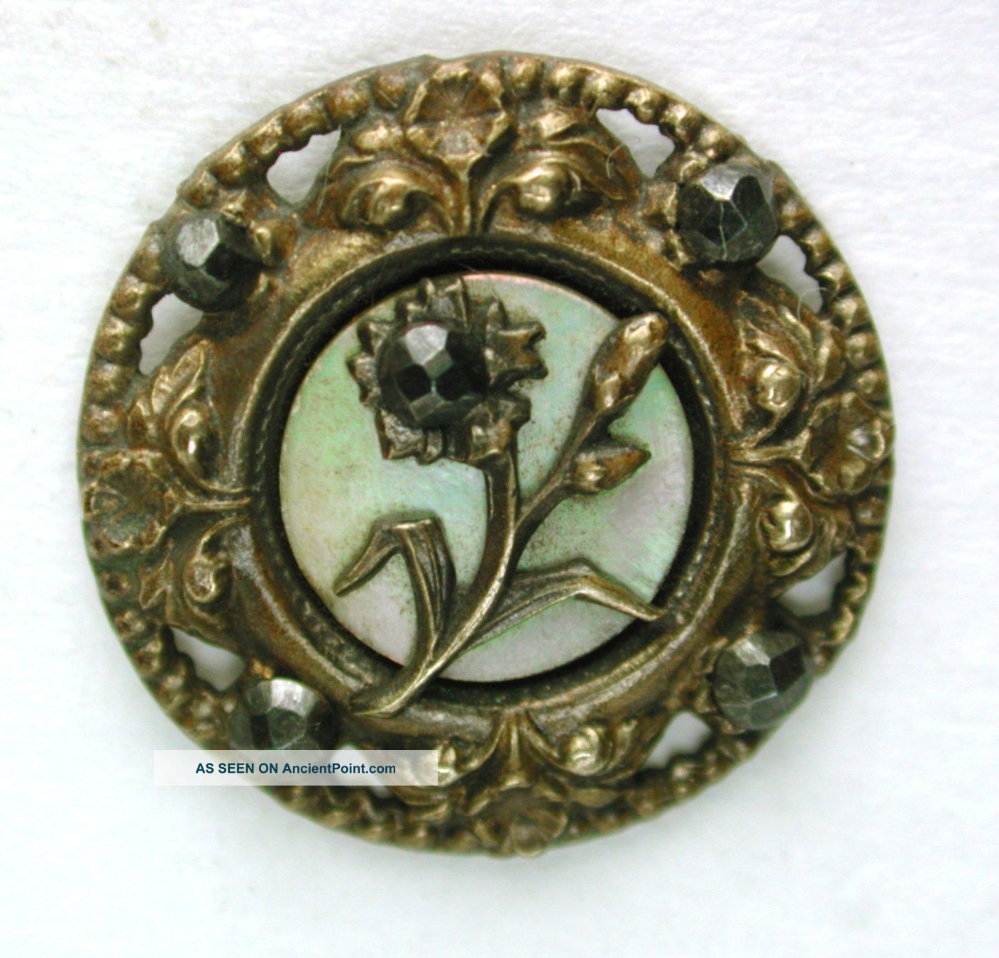 Antique Brass Button Flower On Iridescent Shell W/ Cut Steel Accents 5/8 