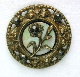 Antique Brass Button Flower On Iridescent Shell W/ Cut Steel Accents 5/8 