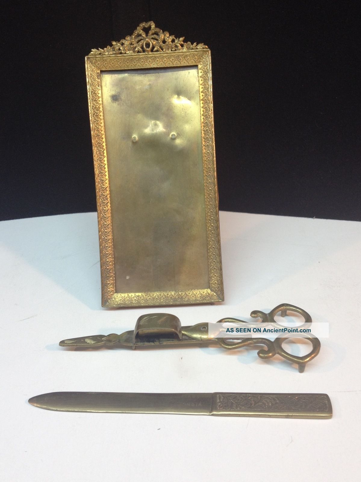 Of 3 Brass Vintage Items Photo Frame,  Letter Opener & Candle Snuffer India Brass photo