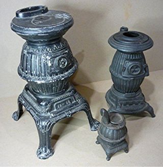 Three Vintage Antique Cast Iron Pot Belly Stove.  Child ' S Toy,  Salesman Sample photo