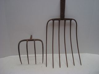 2 Vintage Steel Pitch Fork Heads 4 & 6 Tine/farm & Garden Tool Decor/primative photo