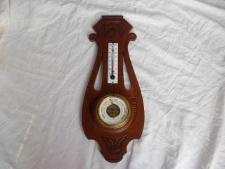 Art Deco French Carved Oak Wood Wall Barometer,  Thermometer,  Early 20th Century. photo