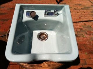 Antique Vtg Cast Iron Blue Barber Shampoo Sink Belvedere Bathroom Porcelain photo
