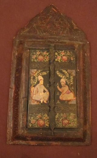 Antique Persian 1700s Handmade Mosaic Wood Painting Wall Mirror Cabinet photo