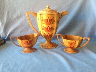 Antique Paint Decorated Toleware Metal Tea Pot With Creamer And Sugar Bowl photo