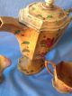 Antique Paint Decorated Toleware Metal Tea Pot With Creamer And Sugar Bowl Toleware photo 3