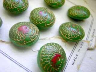 12 Vtg Czech Czechoslovakia Iridized Art Glass Buttons Card Green Painted Birds photo