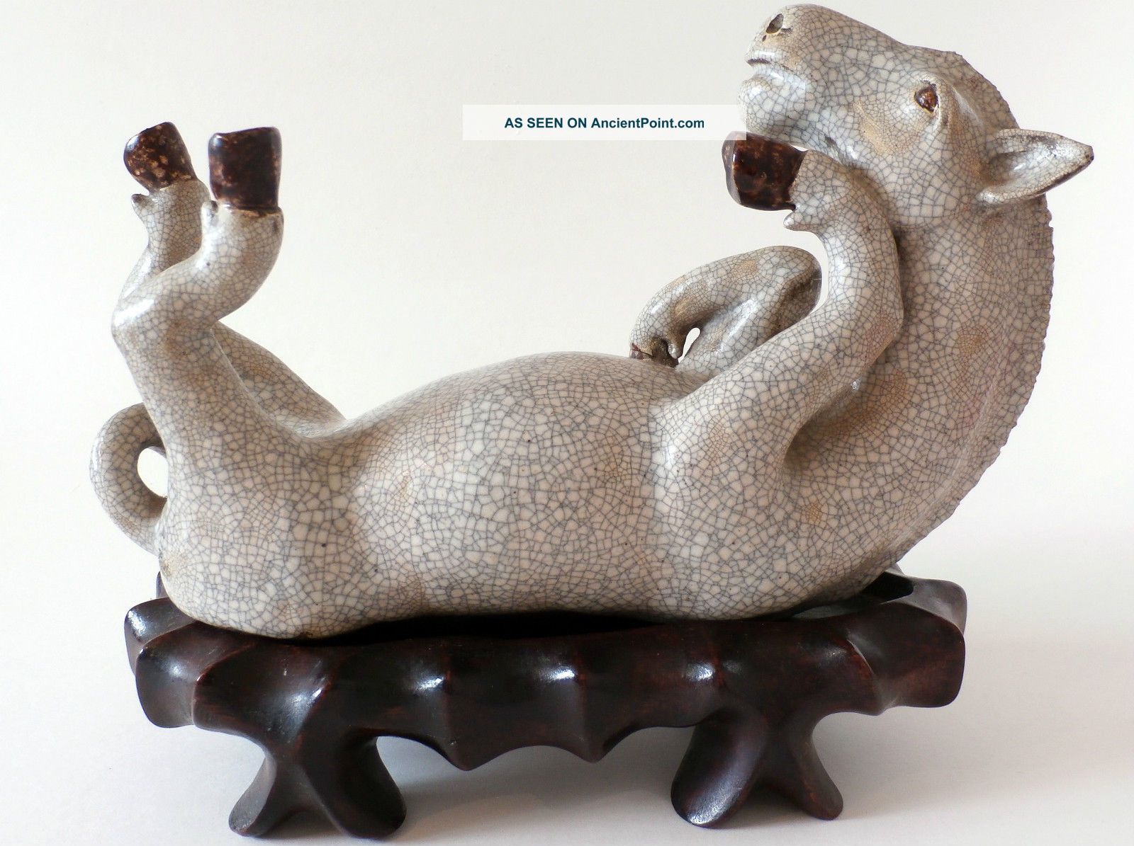 Rare Chinese Horse Playing Animal Crackle Guan Tin Glaze Carved Rosewood Base Ornaments photo