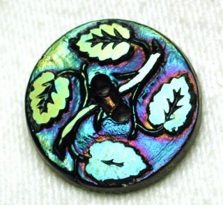 Antique Black Glass Button W/ Bright Carnival Luster 4 Leaf Design 11/16 