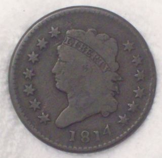 1814 Classic Head Large Cent F+ Detailing S - 295 Rare Plain 4 Variety Us Coin photo