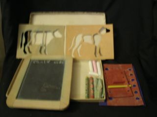 Antique Slate Chalk Board & Crayon Board With 2 Stencils,  Chalk & Crayons Old photo