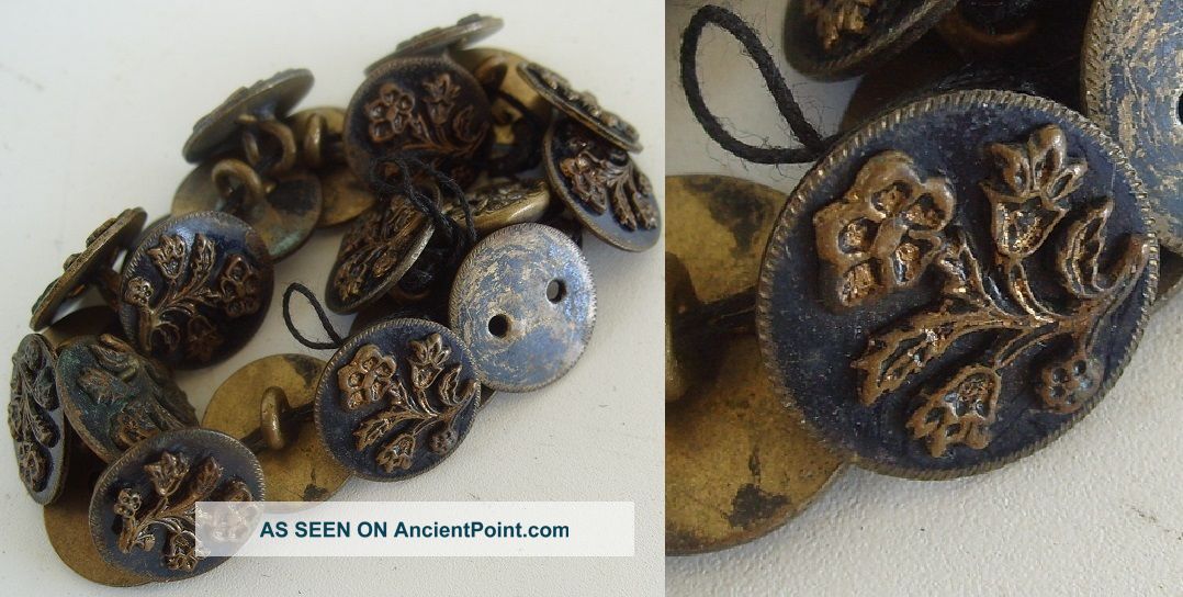 Antique Victorian 21 Matching Floral Brass Small Round Buttons Filigree Old Buttons photo
