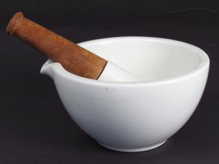Antique Apothecary Mortar & Pestle Pharmacy Porcelain&wood Bayeux Mark 4 photo