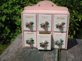 Vintage Wood & Ceramic 6 Drawer Spice Cabinet photo