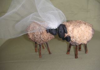 Primitive Folk Art Handmade Polymer Clay Country Sheep Wedding Couple Doll Set photo