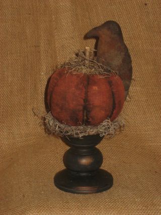 Primitive Witchy Pumpkin Crow Wood Pedestal photo