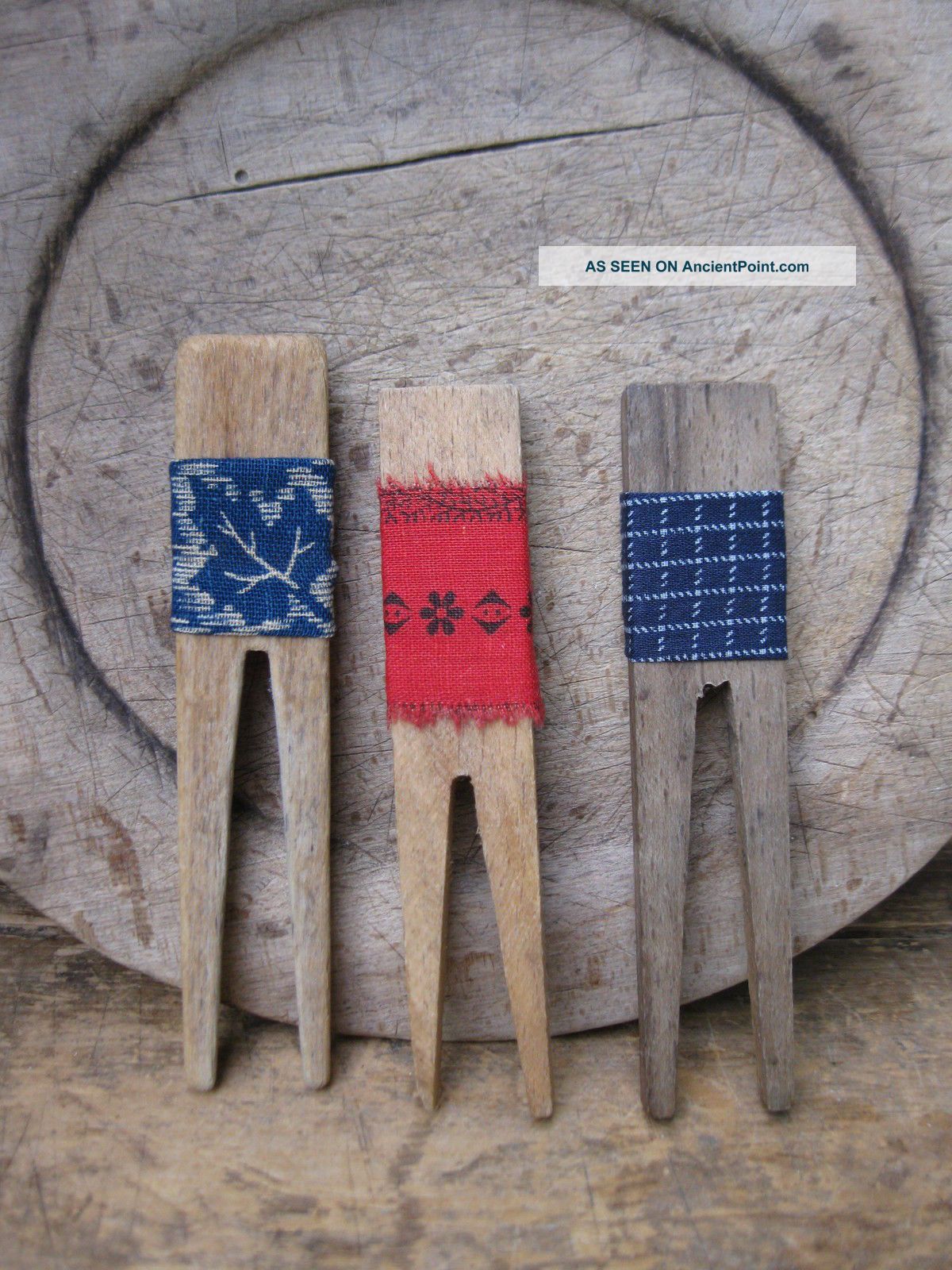 3 Handmade Antique Wood Clothespegs With True Antique Red White And Blue Calico Primitives photo