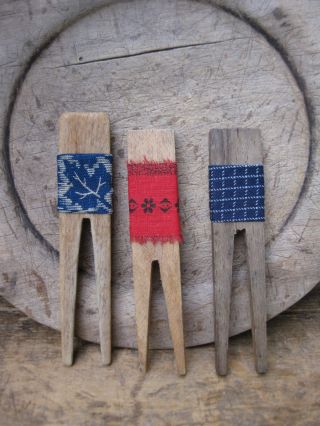 3 Handmade Antique Wood Clothespegs With True Antique Red White And Blue Calico photo