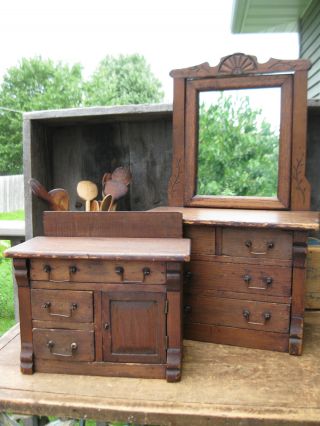 Early Antique Doll Dresser And Wash Stand Hand Made photo
