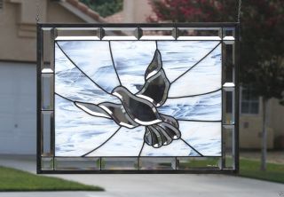 Peace Large Stained Glass Window Panel W/ Clear Beveled Dove & White Clouds photo
