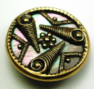 Antique Iridescent Shell & Brass Button Triple Scroll Design 13/16 