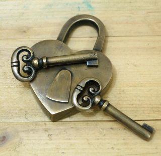 Vintage Love Heart Forever Padlock With Skeleton Keys Solid Brass Antique Lock photo