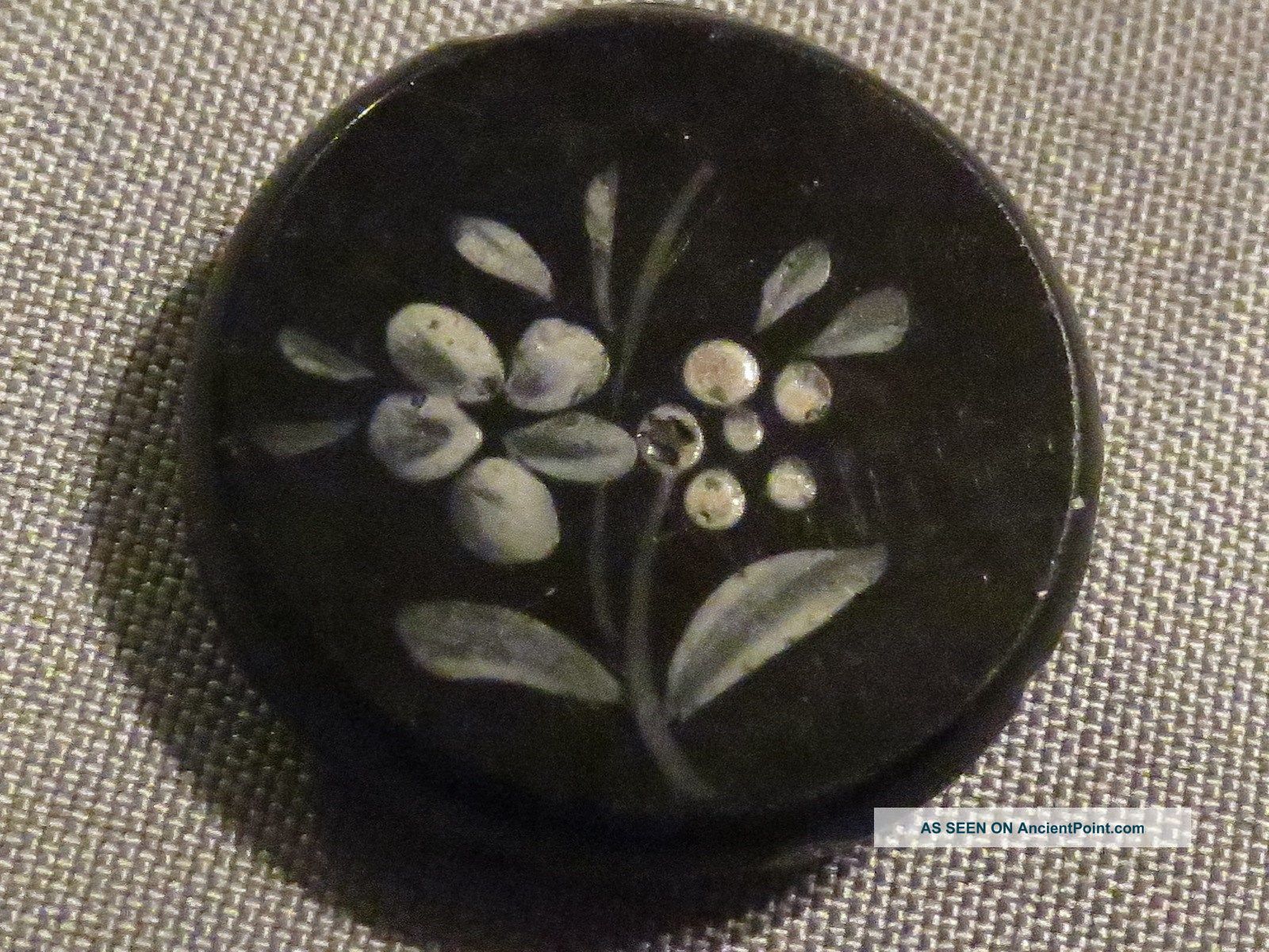 Antique Black Glass Button With White Enamel Floral Design Buttons photo
