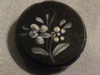Antique Black Glass Button With White Enamel Floral Design photo