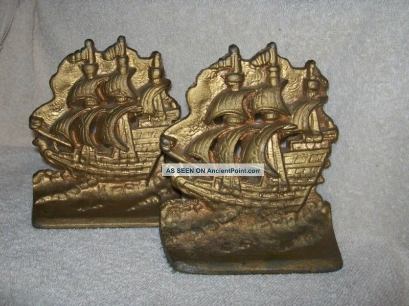 Antique Cast Iron Three Masted Sailing Ships Galleon Bookends Other photo