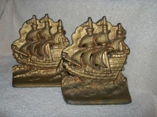 Antique Cast Iron Three Masted Sailing Ships Galleon Bookends photo