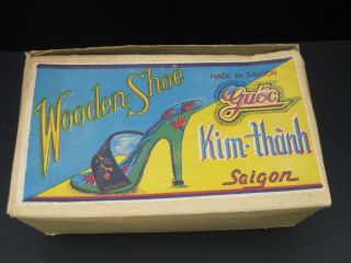Rare Vintage Vietnamese Wooden Shoes In Box photo