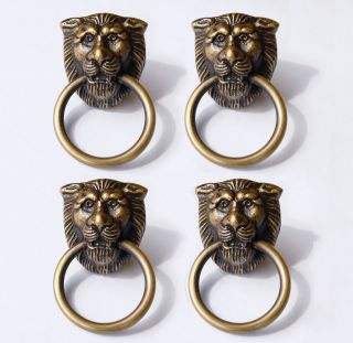 Of 4 Pcs Antique Brass Lion Head Small Cabinet Door Brass Round Knob Drawer photo