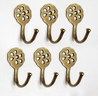 Of 6 Pcs Vintage Solid Brass Single Coat Antique Style Hat Wall Mount Hook photo