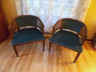 2 Vintage Mid Century Barrel Back Cane Chairs Orig.  Aqua Upholstery Retro Pair photo