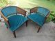 2 Vintage Mid Century Barrel Back Cane Chairs Orig.  Aqua Upholstery Retro Pair Post-1950 photo 1