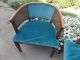 2 Vintage Mid Century Barrel Back Cane Chairs Orig.  Aqua Upholstery Retro Pair Post-1950 photo 2