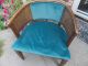 2 Vintage Mid Century Barrel Back Cane Chairs Orig.  Aqua Upholstery Retro Pair Post-1950 photo 3