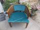 2 Vintage Mid Century Barrel Back Cane Chairs Orig.  Aqua Upholstery Retro Pair Post-1950 photo 5