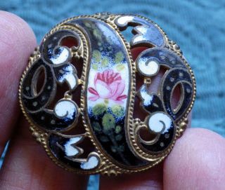 19thc French Champleve Blue Gold Enamel Button Pierced Hand Paint Roses photo