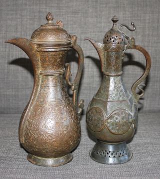 Two Antique Islamic Middle Eastern Kashmir Qajar Ewers Tinned Copper Size photo