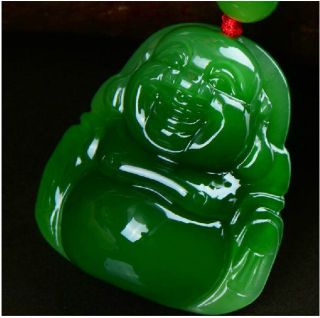 Necklace Pendant Chinese Hetian Green Jade Jasper Emerald A Happy Smile Buddha photo