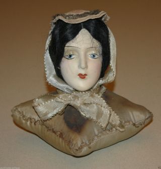 Antique Boudoir Flapper Doll Head,  Papier - Mache Hat Pin Cushion Pillow photo
